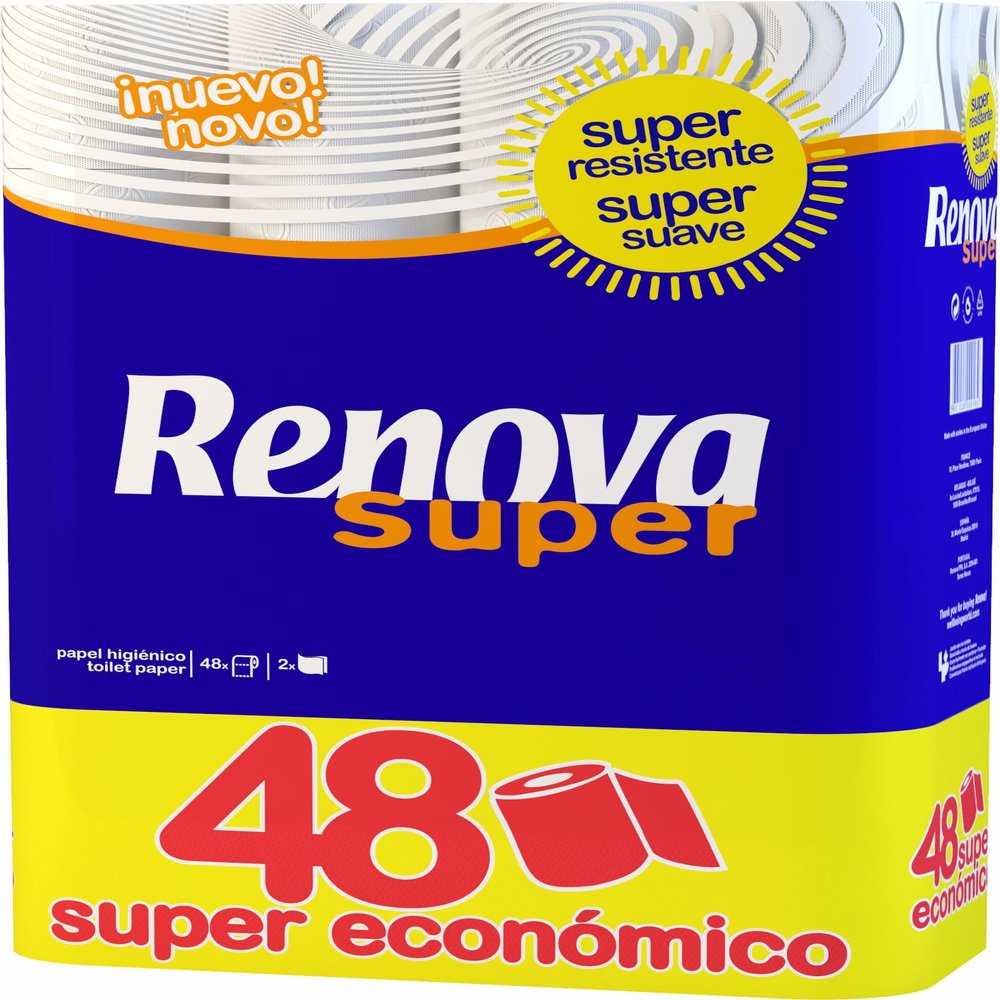 Renova Super 48 Rolls Toilet Paper  2-Ply Soft & Strong White Tissue  Bulk Economy Pack, 130 Sheets Per Roll, Highly Absorbent, Skin-Safe, No Perfume, Embossed Design for Extra Comfort
