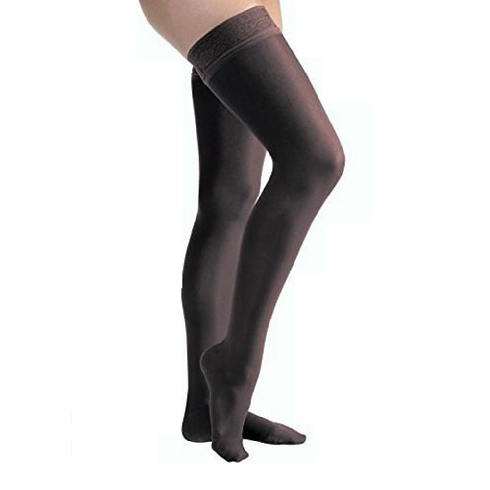JOBST UltraSheer Thigh High with Lace Silicone Top Band, 15-20 mmHg Compression Stockings, Closed Toe, Large, Midnight Navy