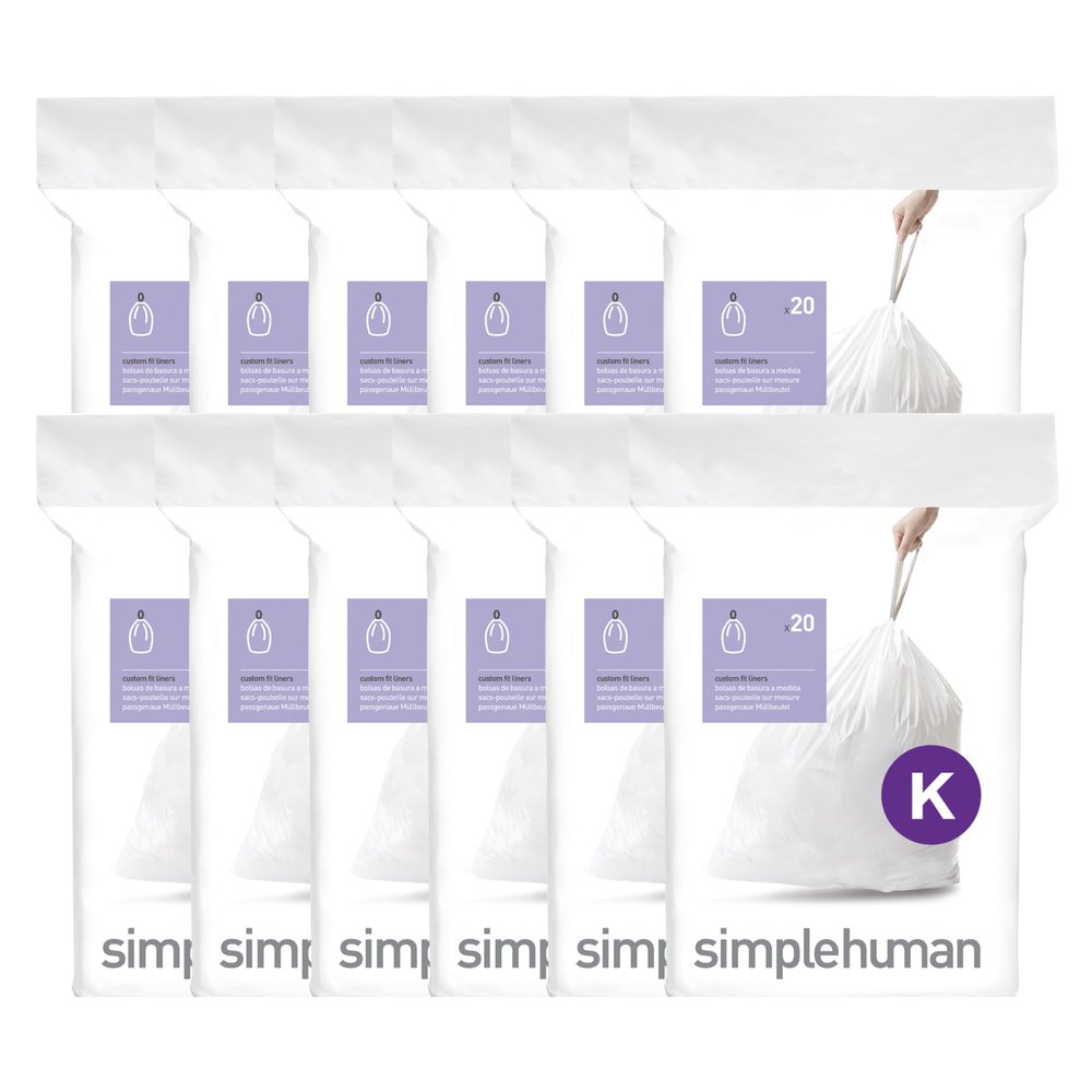 simplehuman Code K 240 Count, Genuine Custom Fit Liners, Drawstring Trash Bags in Dispenser Packs, 35-45 Liter / 9-12 Gallon