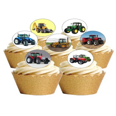 24 Precut Round Edible Wafer Paper Tractors and Diggers Farm Machinery Cake Toppers Decorations