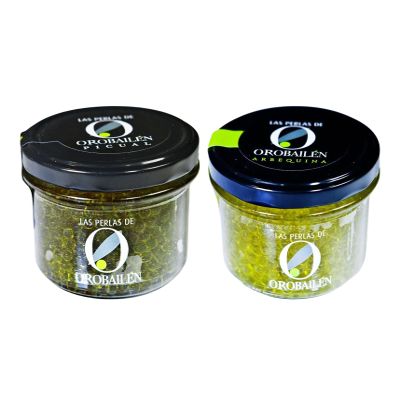 ORO BAILN - Spanish Extra Virgin Olive Oil Pearls (Picual and Arbequina Varieties) - Pack with 2 glass jars of 185 gr