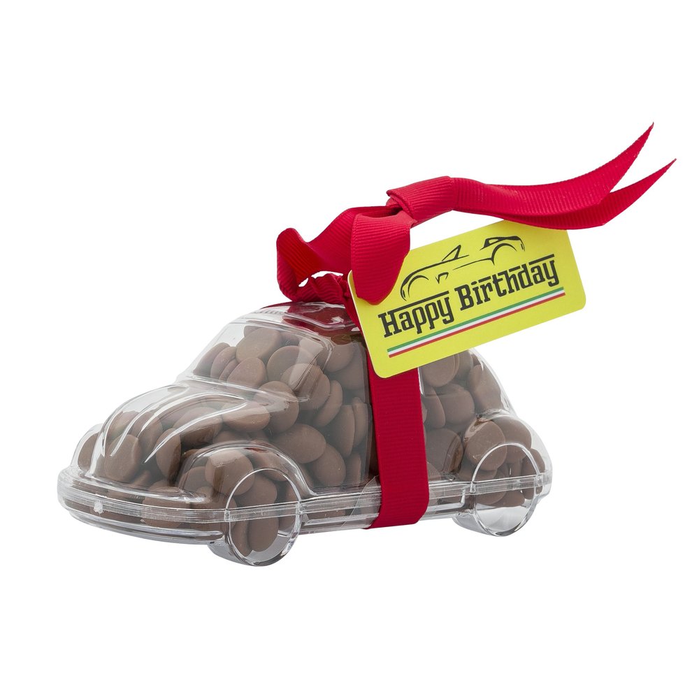 ButtonChocs Birthday Chocolate Car - Happy Birthday Car. Belgian Milk Chocolate Birthday Gift. Racing car swing label.