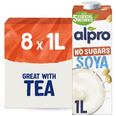 Alpro Soya Drink - No Sugars - Unsweetened Plant-Based Long Life Dairy Free & Lactose Free Milk Alternative - 1L (Pack of 8)