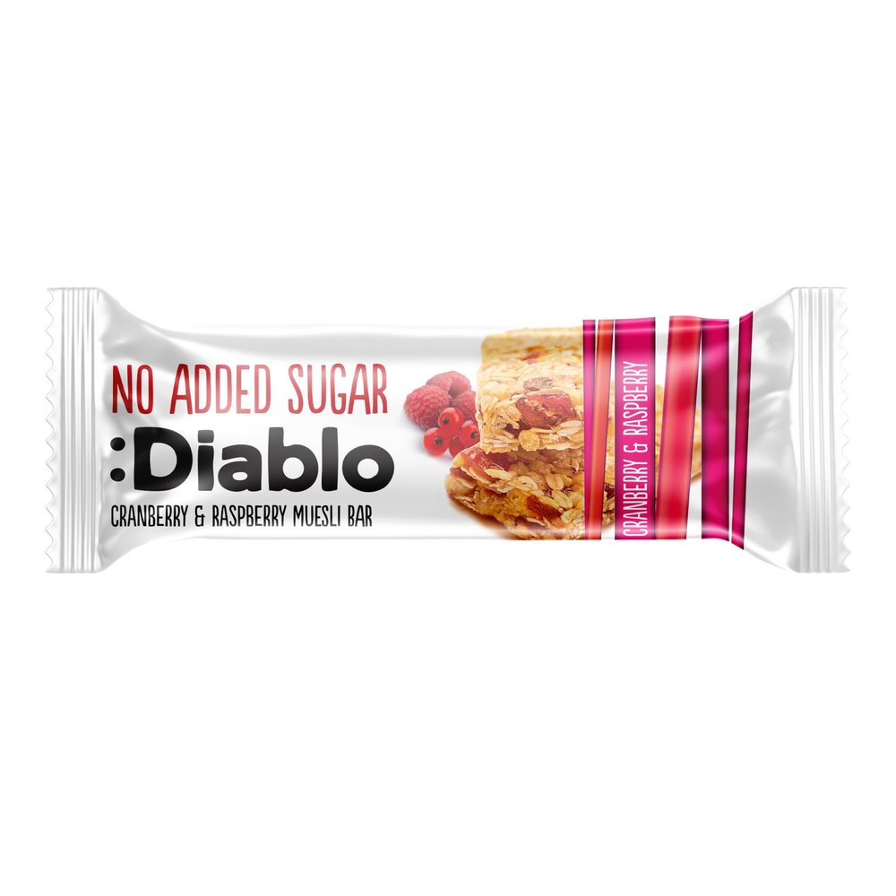 Diablo Cranberry & Raspberry Muesli Bar No Added Sugar Healthy Snacks Breakfast Bar Sweetened with Maltitol, Low Sugar Snacks Food Great for Gifting, Work, School, or Travel 30g (Pack of 1)