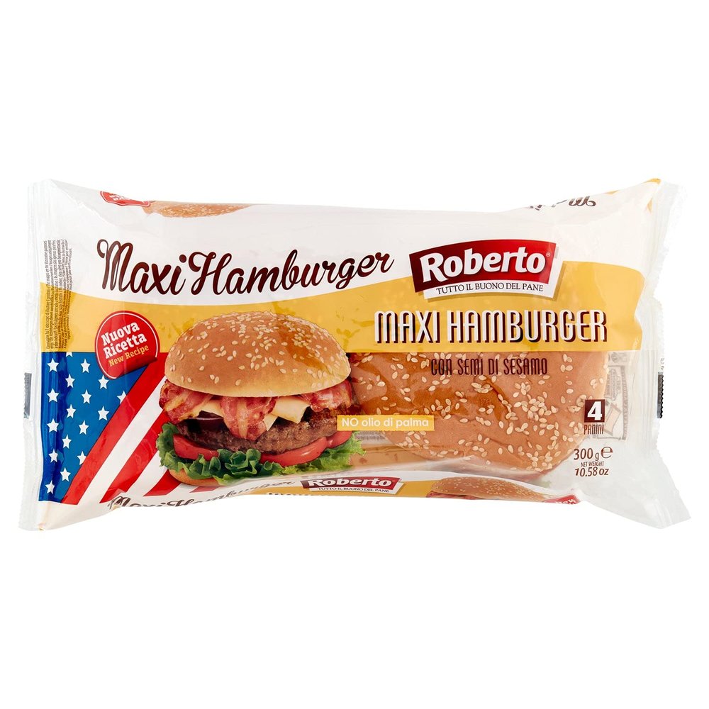 Roberto Maxi Burger Buns with Sesame Seeds (4 x 75g / 300g) No Palm Oil!