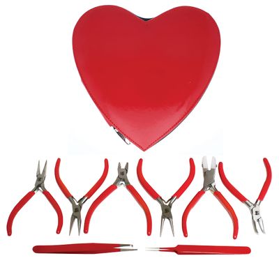 The Beadsmith I Beads Pliers 4.5 Inches, 8-Piece Set: Round Nose, Chain Nose, Bent Chain Nose, Flat Nose, Nylon Jaw, Tweezers & Tungsten Carbide Side Cutter Heart-Shaped Carrying Case Included