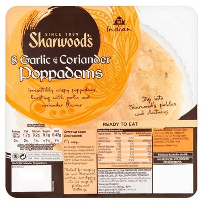 Sharwood's Garlic & Coriander Poppodums (8 per Pack) - Pack of 2