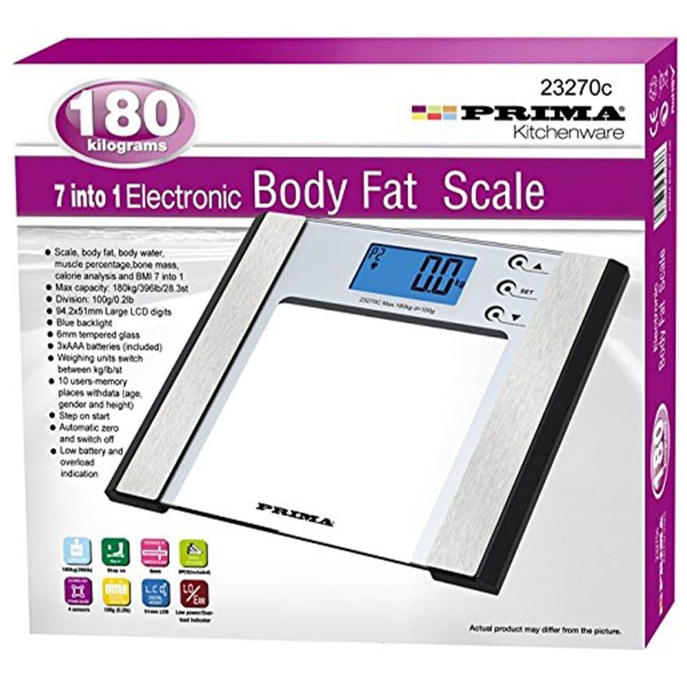7 in 1 Bathroom Scale - 180kg Digital Electronic Lcd Bathroom Weighing Scale, Glass Weight Scales | Slim Design For Neat Storage, Multi Use Athlete Mode, Measures Weight, Body Fat/water & Bmi