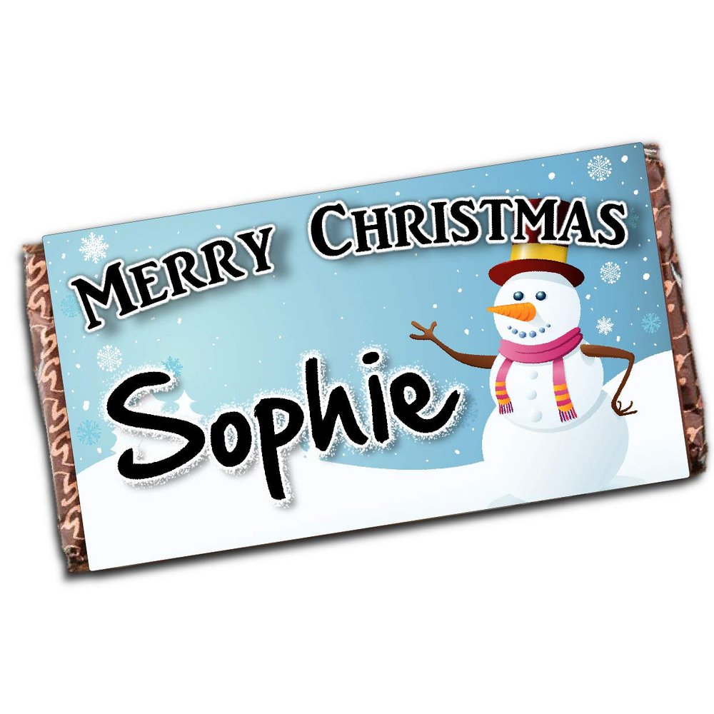Personalised Merry Christmas Snowman 110g Milk Chocolate Bar ~ Xmas Eve Kids Girls Boys Mum Dad Stocking Fillers Gift Ideas Present N50