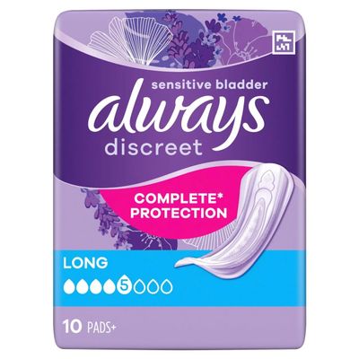 Always Discreet Incontinence Pads Plus Long, 10 Pads