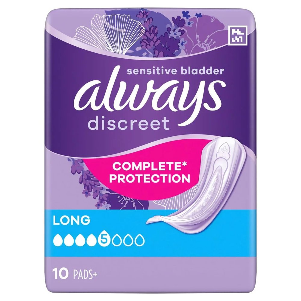Always Discreet Incontinence Pads Plus Long, 10 Pads