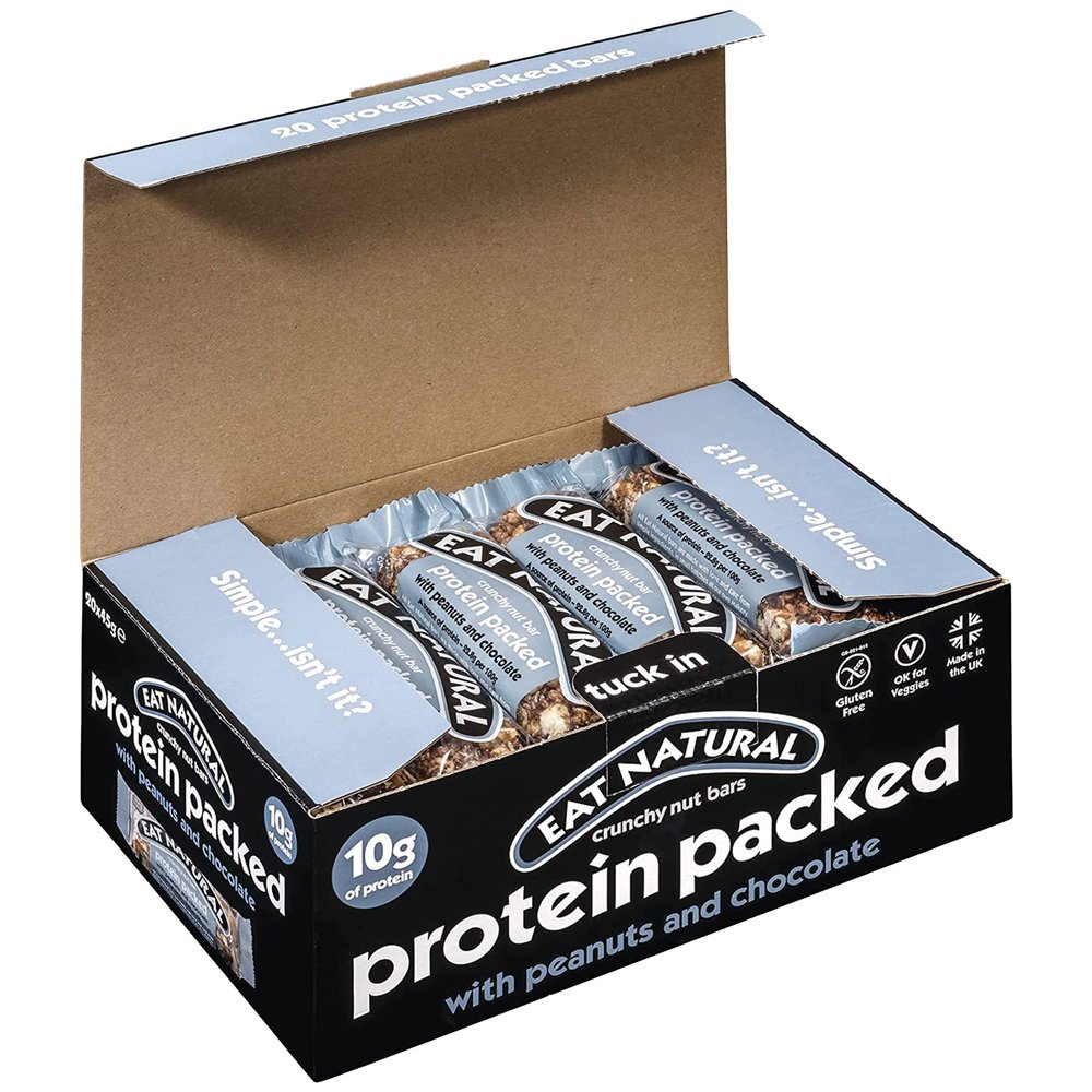 Eat Natural Protein Bars, Protein Packed Peanuts & Chocolate Nut Bar 20 x 45g Snack Bars, Gluten Free Cereal Bars Seriously Crunchy Snacks With Soya Crispies, Shredded Coconut