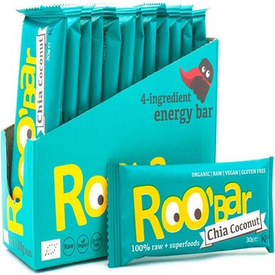 Roobar Chia & Coconut Coconut Raw Bar - Dairy & Gluten Free. 100% Organic, Vegan with Superfoods. No Added Refined Sugar - 12 x 30g