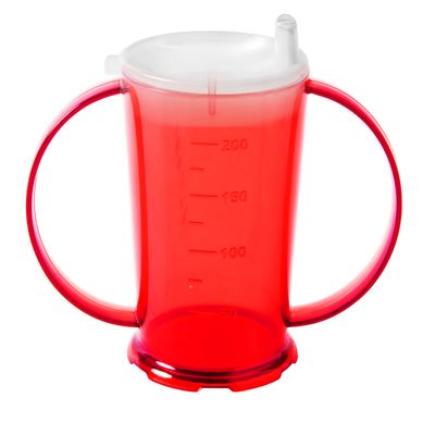 Harfield Translucent Red 2-Handled Beaker & Narrow Spout Drinking Aid Sippy Cup Reusable Virtually Unbreakable Copolyester Plastic