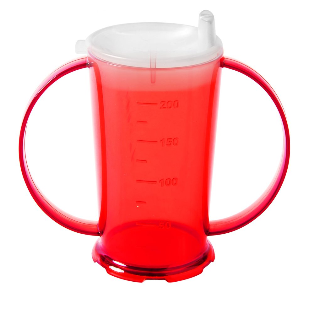 Harfield Translucent Red 2-Handled Beaker & Narrow Spout Drinking Aid Sippy Cup Reusable Virtually Unbreakable Copolyester Plastic
