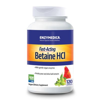 ENZYMEDICA - Betaine HCI (120 Capsules) | Digestive Support Enzyme Supplement | Acid Active Protease Digestive Enzyme Blend for Acid Reflux and Indigestion, Nutrient Supplements, Gut Health Supplement
