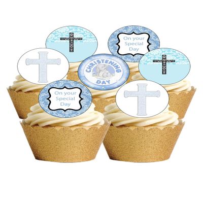 24 Precut Round Edible Wafer Paper Christening Baby Boy Toppers Cake Decorations
