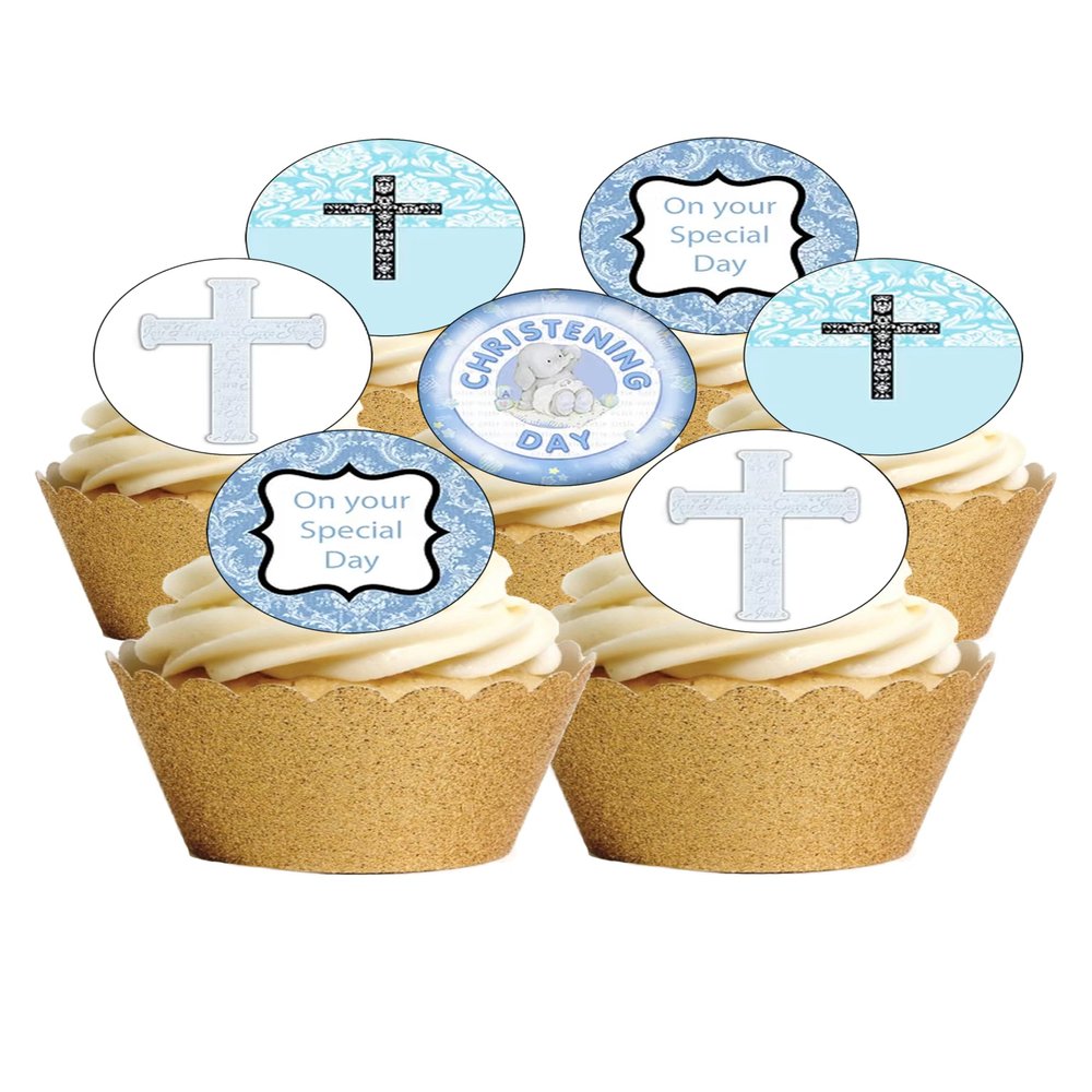 24 Precut Round Edible Wafer Paper Christening Baby Boy Toppers Cake Decorations