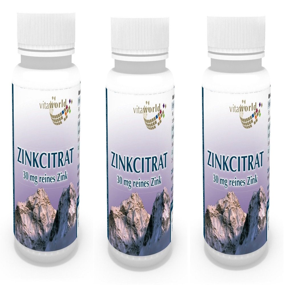 3 Pack Vita World Zinc Citrate 30mg Pure Zinc 180 Capsules Made in Germany