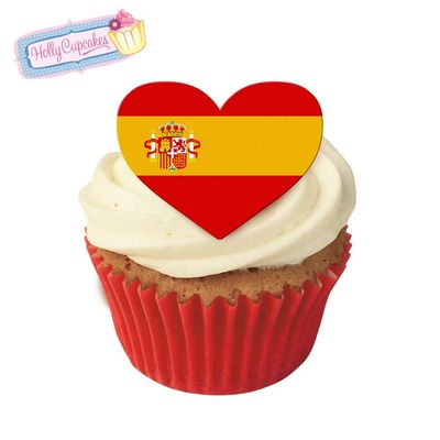 12 Edible Flag Design Cake Decorations Plus 12 Smaller Heart Toppers: Spain