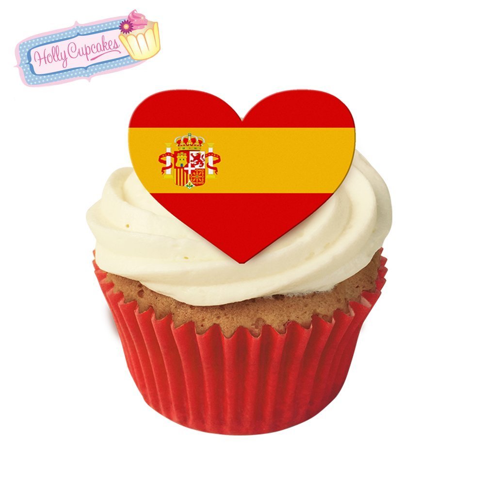 12 Edible Flag Design Cake Decorations Plus 12 Smaller Heart Toppers: Spain