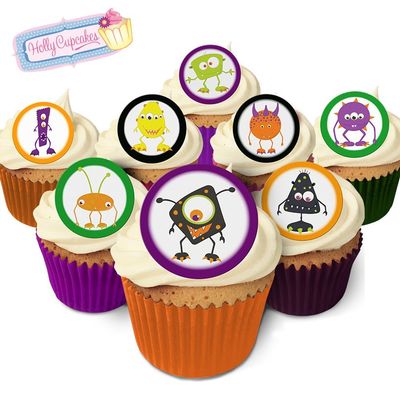 24 Edible Pre-Cut Wafer Round Cake Toppers: Halloween Monsters