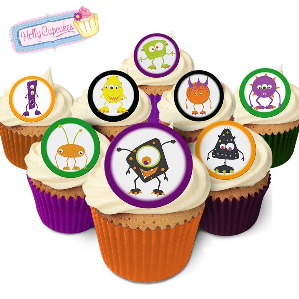 24 Edible Pre-Cut Wafer Round Cake Toppers: Halloween Monsters