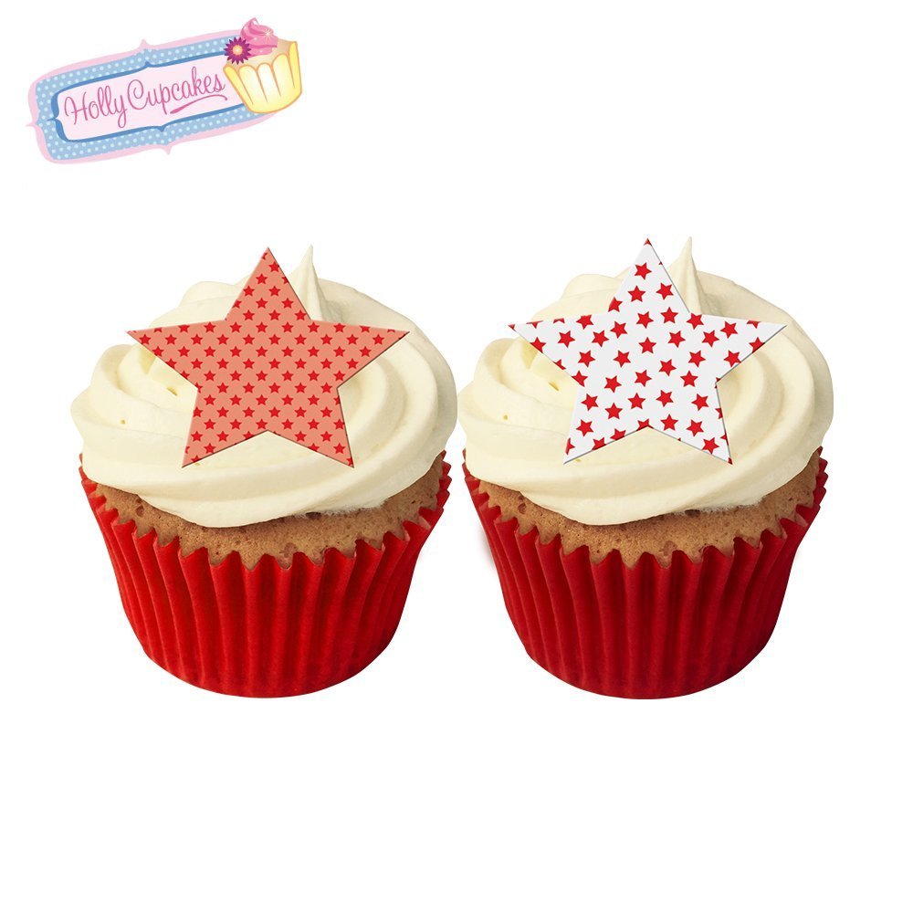 12 Mixed red star cake decorations, plus a FREE GIFT of 12 matching smaller star toppers!