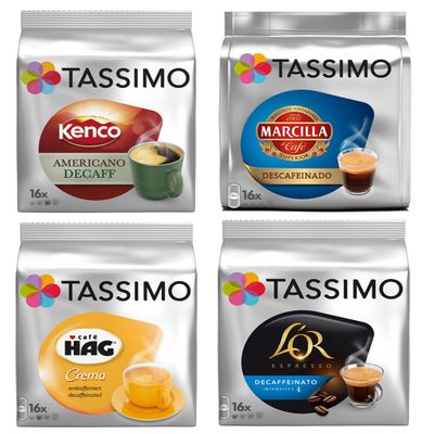 Tassimo 4 Decaf Lovers Bundle - Kenco Americano, Cafe HAG Crema, LOR Espresso, Marcilla Espresso (4 Decaffeinated Varieties - 64 Servings)