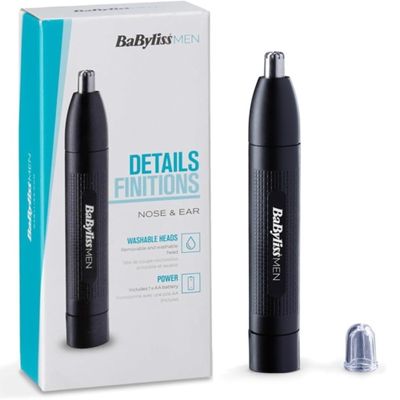 BaByliss Nose and Ear Trimmer - Precision 2 Blade System, Battery Operated, Stainless Steel, Easy-clean Removable Attachments, Black, E650E
