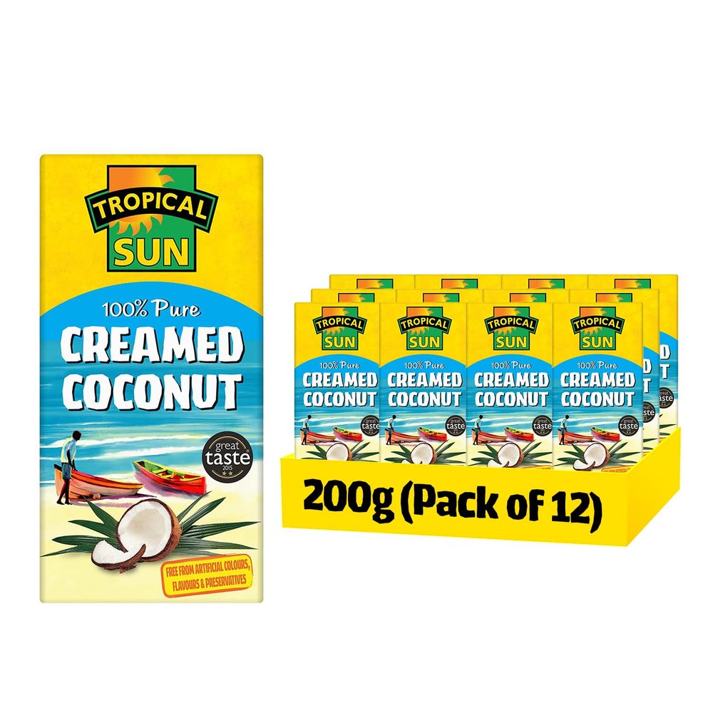 Tropical Sun Creamed Coconut 200g Pack of 12 | 100% Pure Desiccated Coconut Block | Rich & Creamy Texture for Curries, Soups, Desserts & Baking | Vegan & Gluten-Free | No Additives or Preservatives