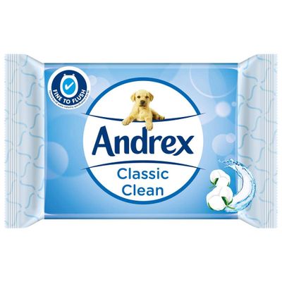 Andrex Classic Clean Washlets Moist Toilet Tissue, certified 'Fine to Flush', Plastic Free & Biodegradable