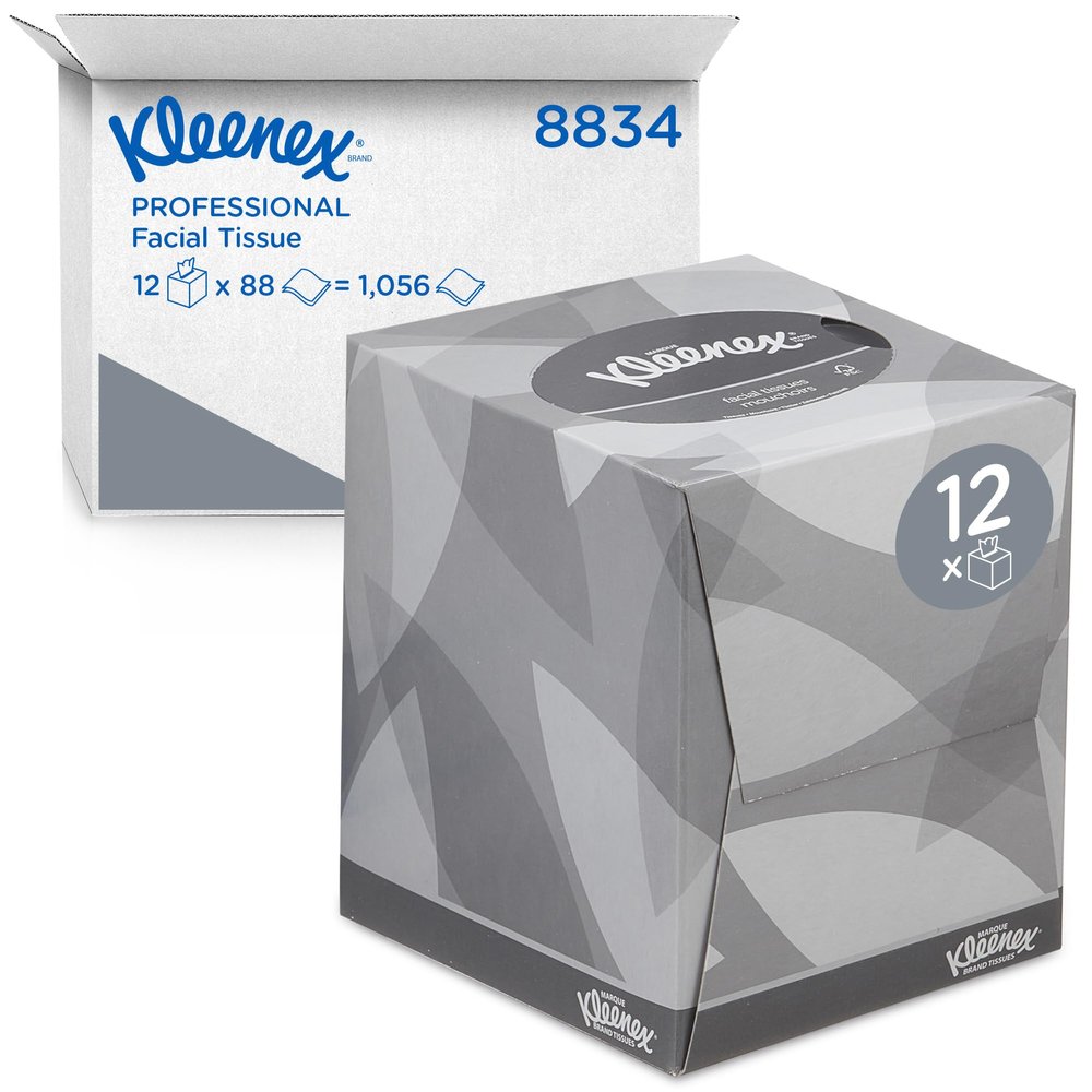 Kleenex Facial Tissue Box, 2-Ply White Tissues, Strong & Absorbent, Fragrance-Free, FSC Certified, Stylish Cube Box for Home & Office Use, 12 Boxes x 88 Sheets (1,056 Tissues Total), Model nr. 8834