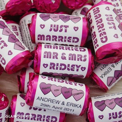 100 PERSONALISED PURPLE MINI LOVE HEARTS SWEETS - JUST MARRIED MR AND MRS