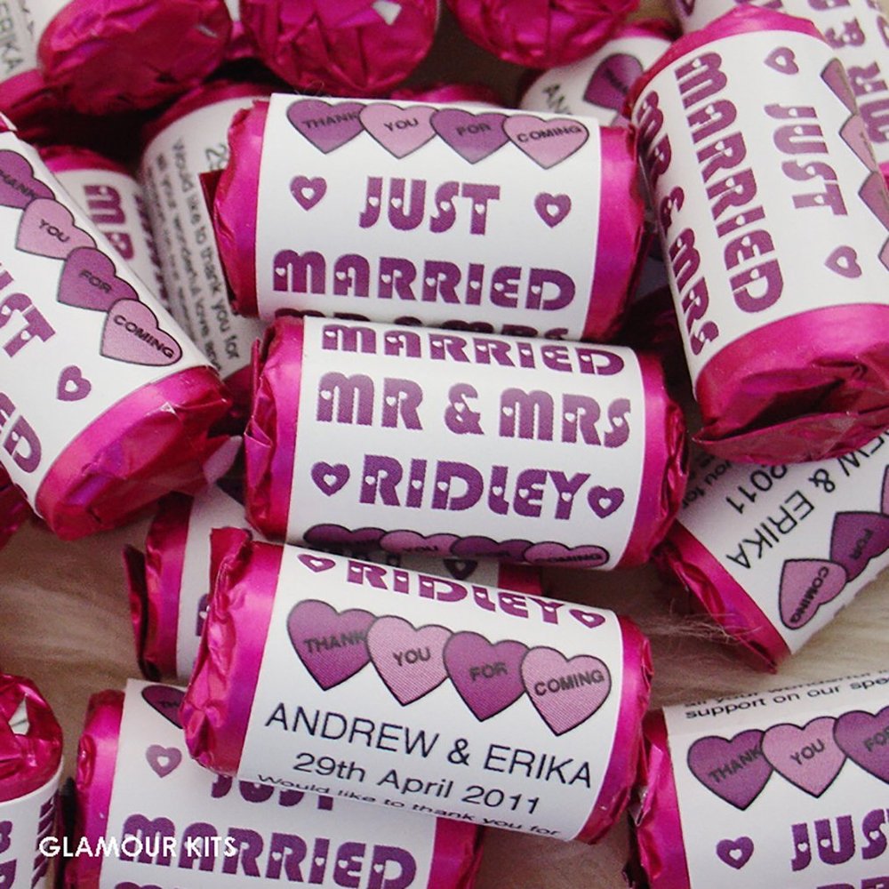 100 PERSONALISED PURPLE MINI LOVE HEARTS SWEETS - JUST MARRIED MR AND MRS