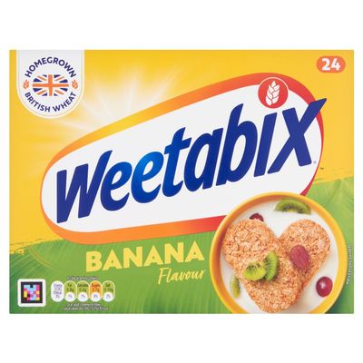 Weetabix Banana 24 Biscuits  Natural Banana Taste Wheat Breakfast  100 percent Wholegrain & High Fibre  Source of Iron & Vitamin B1  UKs No.1 Cereal