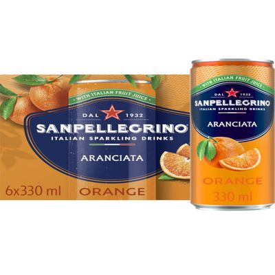 San Pellegrino Italian Sparkling Drinks Tastefully Light Sparkling Orange Canned Soft Drink 6 x 330ml, 64k Cals per Can