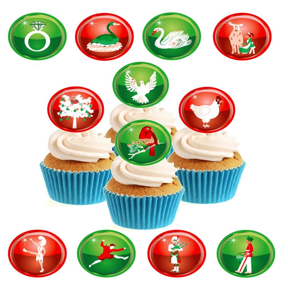 12 Days of Christmas Collection Edible Stand Up Wafer Paper Cake Toppers (12 Pack)