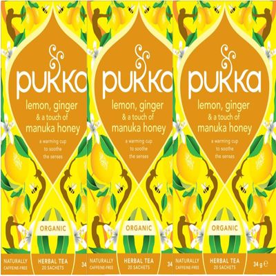(3 PACK) - Pukka Herbs - Lemon Ginger & a Touch of Manuka Honey Tea | 20 sachet | 3 PACK BUNDLE (Packaging May Vary)