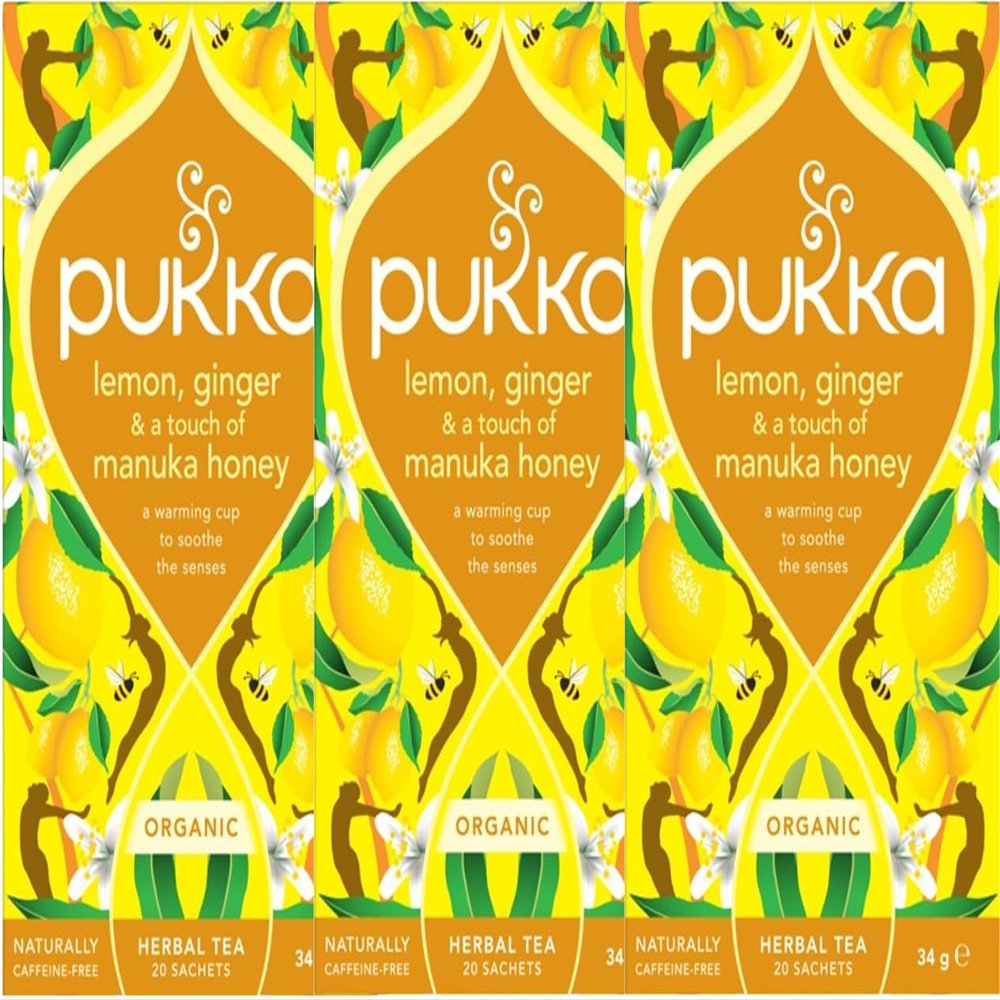 (3 PACK) - Pukka Herbs - Lemon Ginger & a Touch of Manuka Honey Tea | 20 sachet | 3 PACK BUNDLE (Packaging May Vary)
