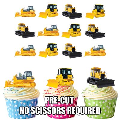 AK Giftshop Construction Vehicles Cake Decorations - Edible Cup Cake Toppers (Pack of 12)