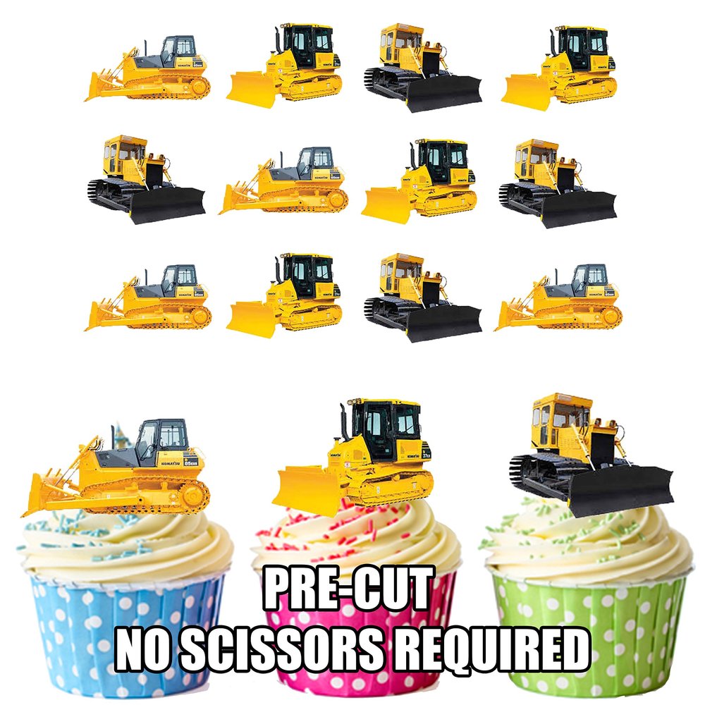 AK Giftshop Construction Vehicles Cake Decorations - Edible Cup Cake Toppers (Pack of 12)