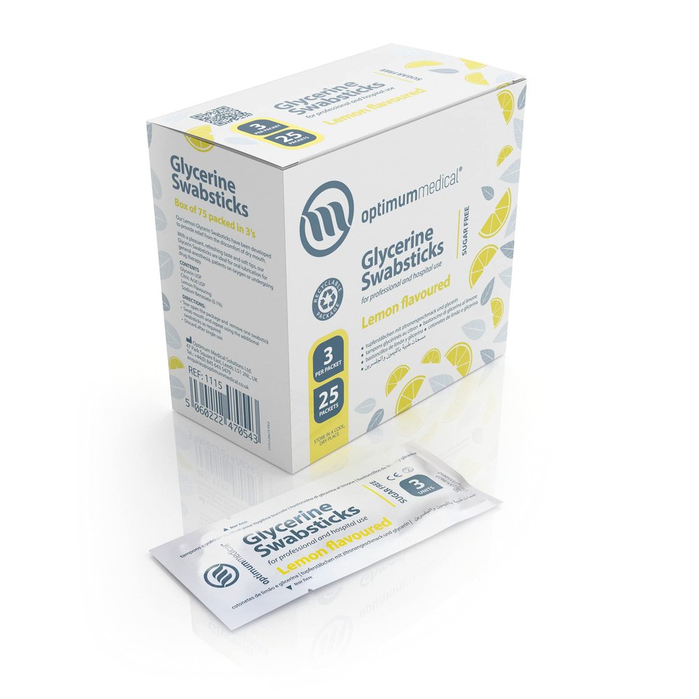 Optimum Medical Glycerin Swabsticks (x75)  Lemon or Blackcurrant Flavour Pleasant Tasting Sugar Free Swab Sticks for Dry Mouth Relief and Dental Hygiene (Lemon - Box of 75)