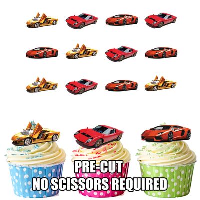 AK Giftshop Sports Car Mix Cake Decorations - 12 Edible Wafer Cup Cake Toppers