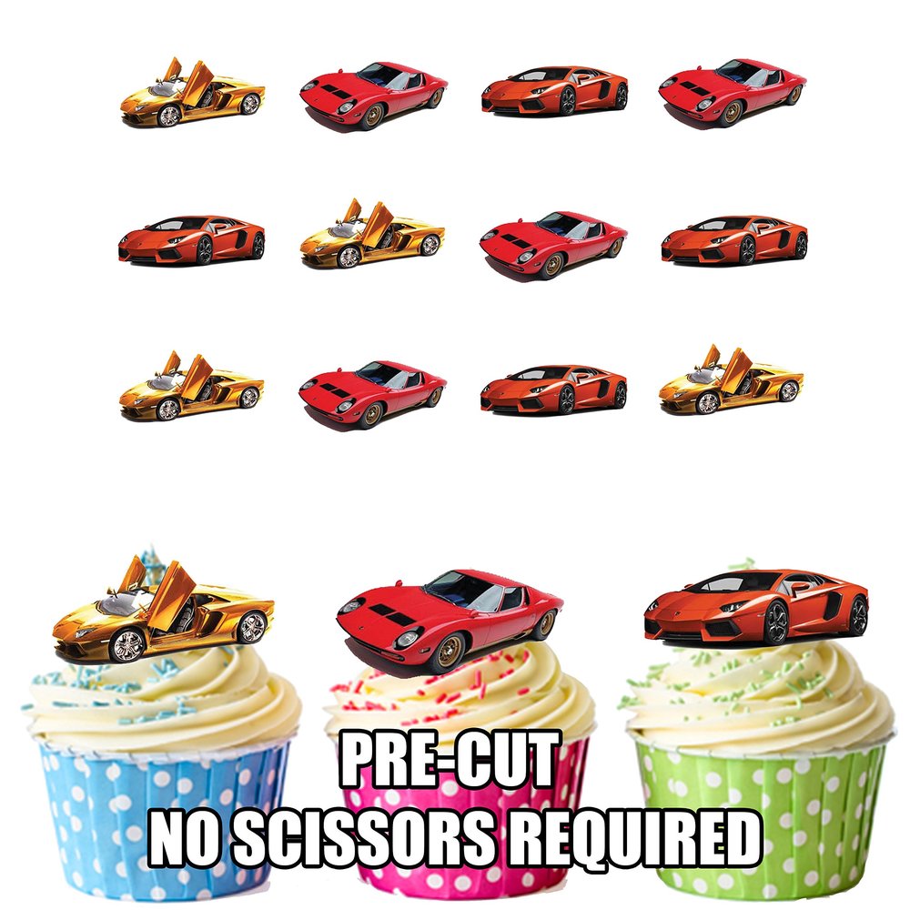 AK Giftshop Sports Car Mix Cake Decorations - 12 Edible Wafer Cup Cake Toppers