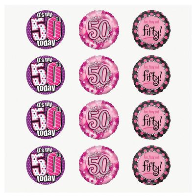 AK Giftshop Fun Ladies Pink 50th Birthday Mix, 12 Cup Cake Toppers, Edible Stand Up Decorations