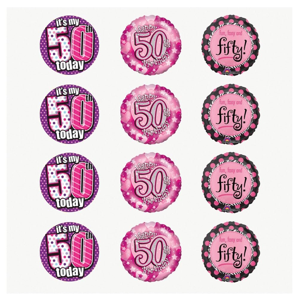 AK Giftshop Fun Ladies Pink 50th Birthday Mix, 12 Cup Cake Toppers, Edible Stand Up Decorations