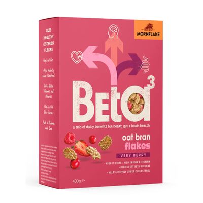 Mornflake - Beta 3 Very Berry Oat Bran Flakes Breakfast Cereal With Strawberries, Raspberries & Cranberries. 1x 400g Box High In Fibre, Thiamin And Iron With Added Vitamins And Minerals