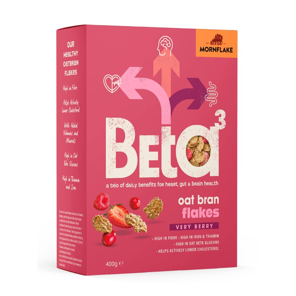 Mornflake - Beta 3 Very Berry Oat Bran Flakes Breakfast Cereal With Strawberries, Raspberries & Cranberries. 1x 400g Box High In Fibre, Thiamin And Iron With Added Vitamins And Minerals