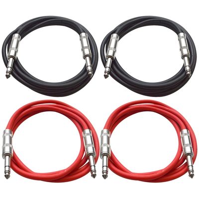 SEISMIC AUDIO - SATRX-2-4 Pack of 2' 1/4" TRS to 1/4" TRS Patch Cables - Balanced - 2 Foot Patch Cord - Black and Red
